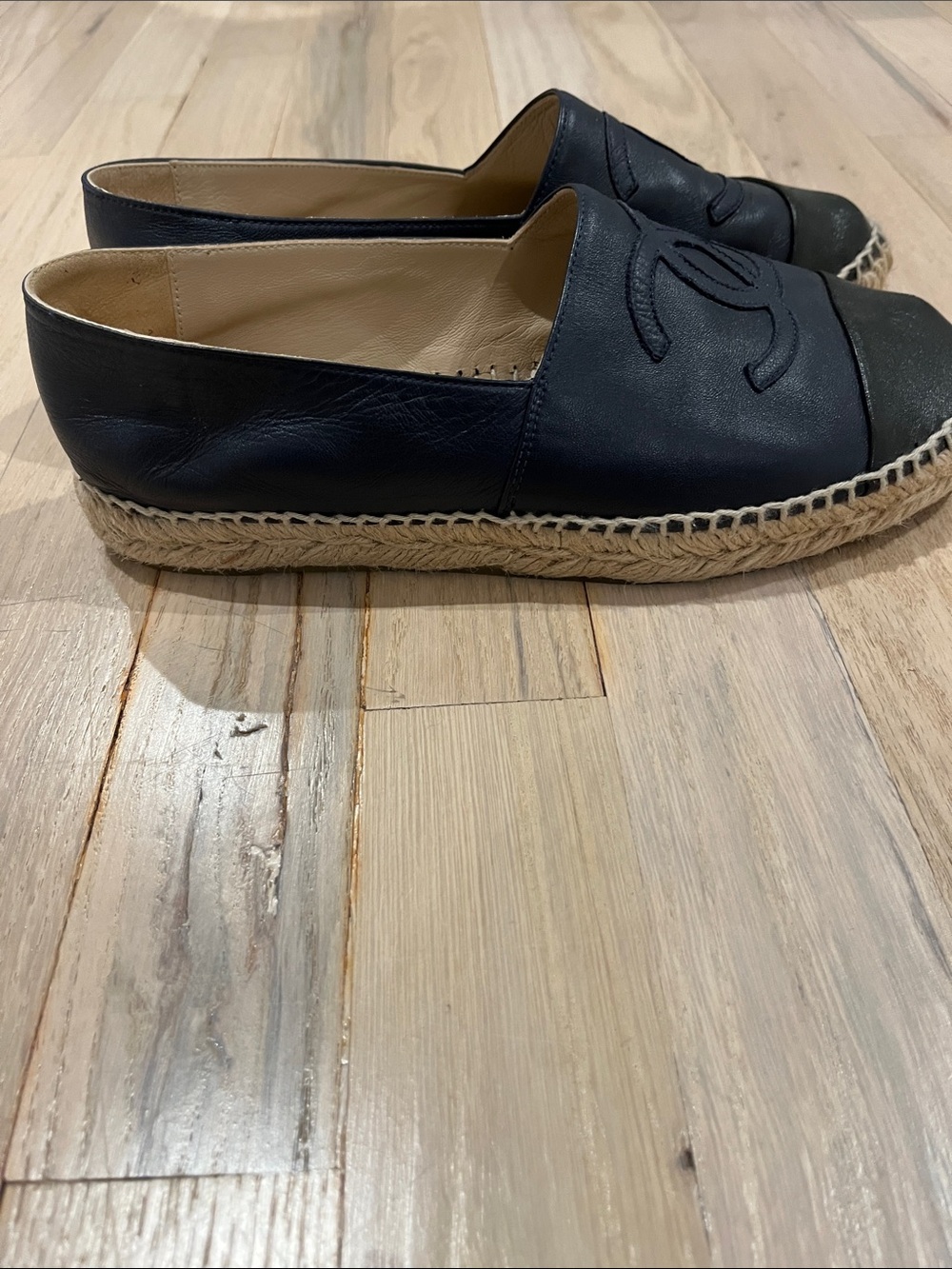 CHANEL Black Leather Two-Tone Espadrilles with Black Cap Toe - Picture 10 of 15